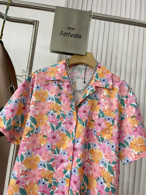 Spring Floral Half Sleeves Collar Down Shirts